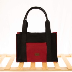 Kanvas Tote Bag, Orta Boy Bordo-Siyah 35x25 cm Kadın Kol ve Omuz Çantası, Ön ve İç Cepli, Mıknatıslı