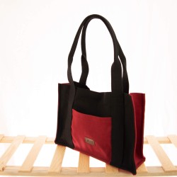 Kanvas Tote Bag, Orta Boy Bordo-Siyah 35x25 cm Kadın Kol ve Omuz Çantası, Ön ve İç Cepli, Mıknatıslı