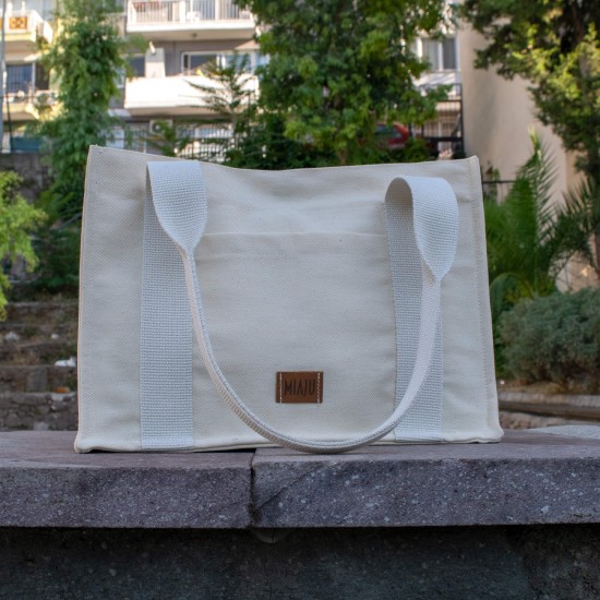 Kanvas Tote Bag, Orta Boy Krem Kadın Kol ve Omuz Çantası, 35x25 cm, Ön ve İç Cepli, Mıknatıs Ağızlı