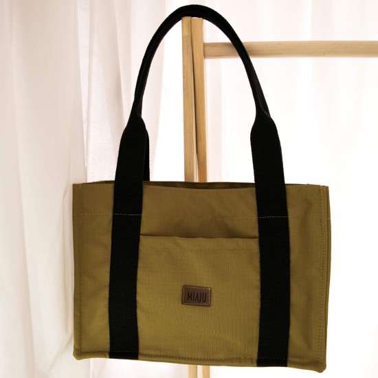 Kanvas Tote Bag, Orta Boy Haki Kadın Kol ve Omuz Çantası, 35x25 cm, Ön ve İç Cepli, Mıknatıs Ağızlı