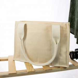 Deri Cepli Kanvas Tote Bag, Orta Boy Krem-Beyaz Kadın Kol ve Omuz Çantası, 35x25 cm, Ön ve İç Cepli