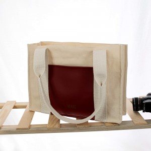 Deri Cepli Kanvas Tote Bag, Orta Boy Krem-Bordo Kadın Kol ve Omuz Çantası, 35x25 cm, Ön ve İç Cepli
