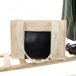 Deri Cepli Kanvas Tote Bag, Orta Boy Krem-Lacivert Kadın Kol ve Omuz Çantası, 35x25 cm, İç Cepli