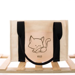 Kedi Desenli Deri Cepli Kanvas Tote Bag, Orta Boy Kadın Kol Ve Omuz Çantası, 35x25 Cm, Iç Cepli