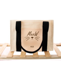 Meow Desenli Deri Cepli Kanvas Tote Bag, Orta Boy Kadın Kol Ve Omuz Çantası, 35x25 Cm, Iç Cepli