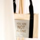 Yazılı Deri Cepli Kanvas Tote Bag, Orta Boy Kadın Çantası, 35x25 Cm, Iç Cepli, You Are Not Alone