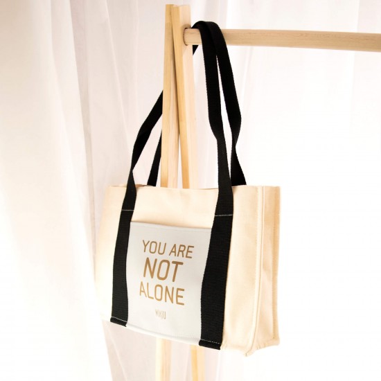 Yazılı Deri Cepli Kanvas Tote Bag, Orta Boy Kadın Çantası, 35x25 Cm, Iç Cepli, You Are Not Alone