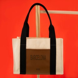 Barcelona Yazılı Deri Cepli Kanvas Tote Bag, Orta Boy Kadın Çantası, 35x25 Cm, Iç Cepli