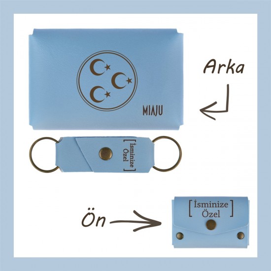 Açık Mavi, Üç Hilal Ve Yıldız Motifli, İsme Özel Cüzdan Ve Anahtarlık Set, Arkadaşa Unutulmaz Hediye