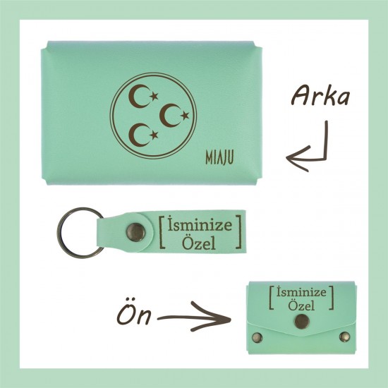 Açık Yeşil, Üç Hilal Ve Yıldız Desenli, İsme Özel Cüzdan Ve Anahtarlık Set, Akrabaya Özel Hediyelik