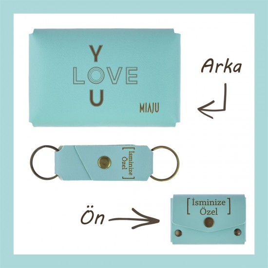 Turkuaz, I LoVE YOu, İsme Özel Cüzdan Ve Anahtarlık Takımı, Hediye