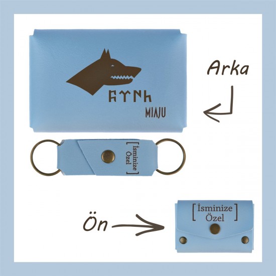 Açık Mavi, Bozkurt Ve Türk Motifli, İsme Özel Cüzdan Ve Anahtarlık Set, Arkadaşa Unutulmaz Hediye