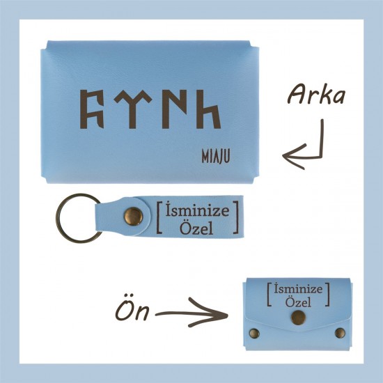 Açık Mavi, Göktürk Dilinde Türk Yazı Desenli, İsme Özel, Cüzdan Ve Anahtarlık Set, Hediyelik Armağan