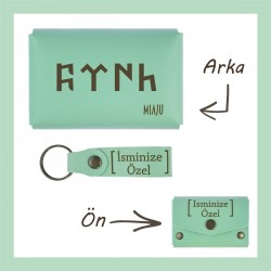 Açık Yeşil, Göktürk Türk Yazı Desenli, Kişiye, İsme Özel Cüzdan Ve Anahtarlık Set, Kıymetliye Hediye