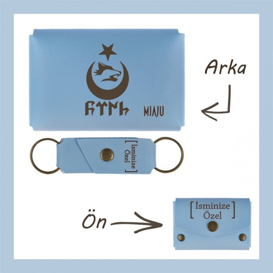 Açık Mavi, Bozkurt Ay Yıldız Motifli, İsme Özel Cüzdan Ve Anahtarlık Set, Arkadaşa Unutulmaz Hediye