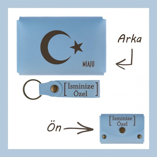 Açık Mavi, Ay Yıldız Desenli, İsme Özel, Cüzdan Ve Anahtarlık Set, Hediyelik Anı, Eşsiz Hatıra