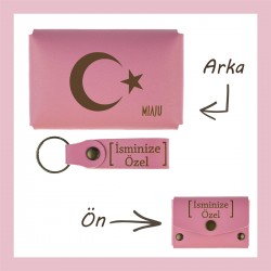 Pembe Renk, Ayyıldız Yazılı, Adına Özel Kişisel Cüzdan Ve Anahtarlık Set, Arkadaşa, Kankiye Hediye